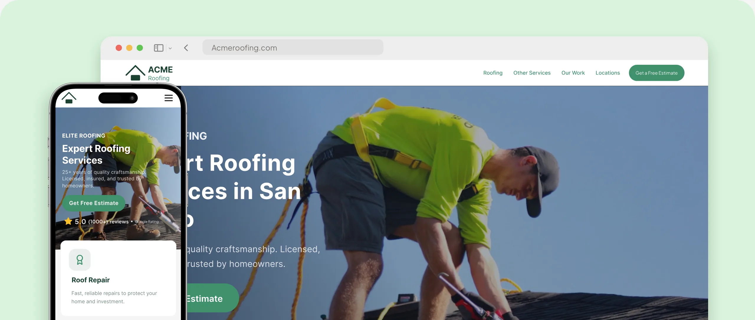 Sample roofing contractor website shown on a laptop and a phone