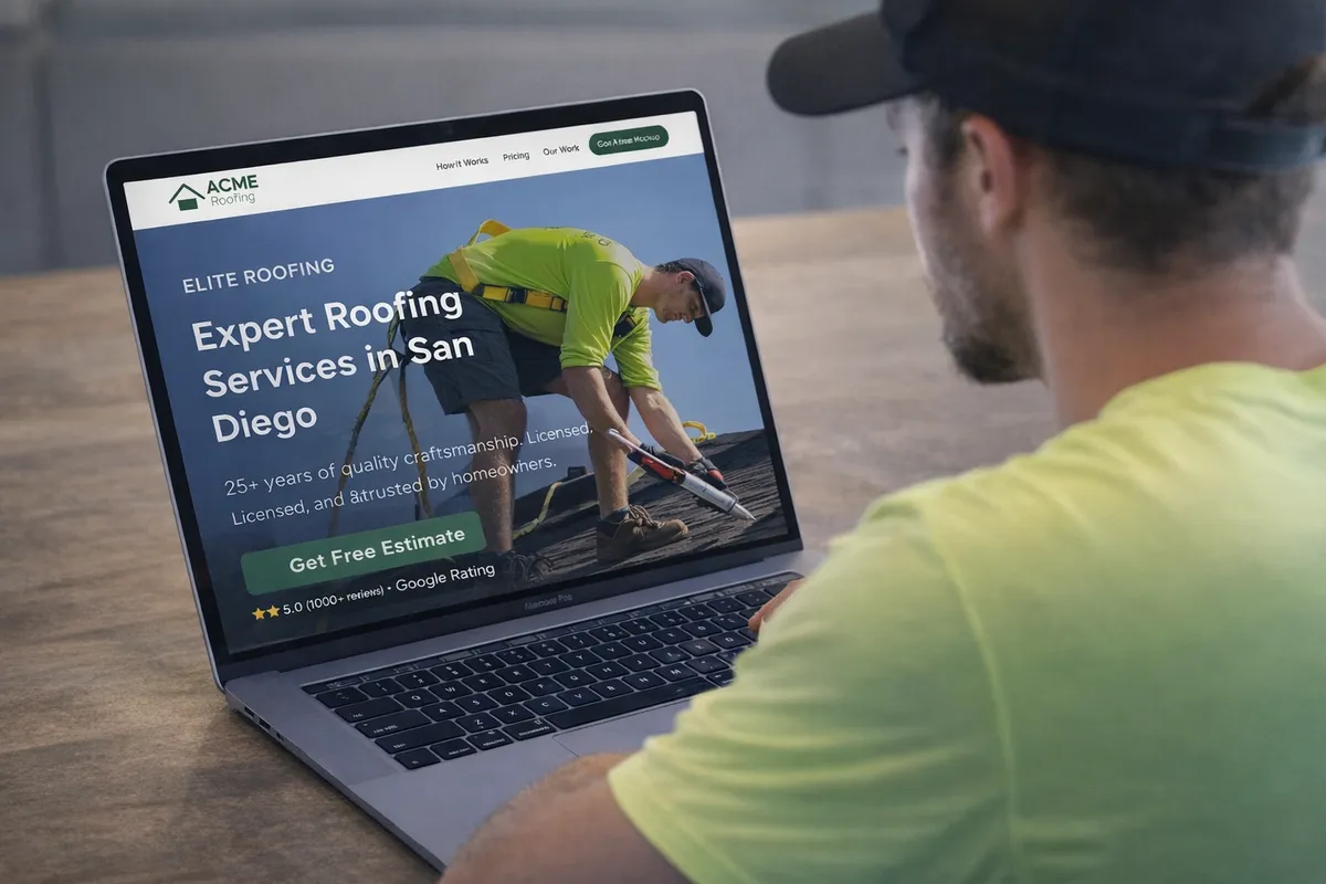 Contractor viewing a roofing website on a laptop